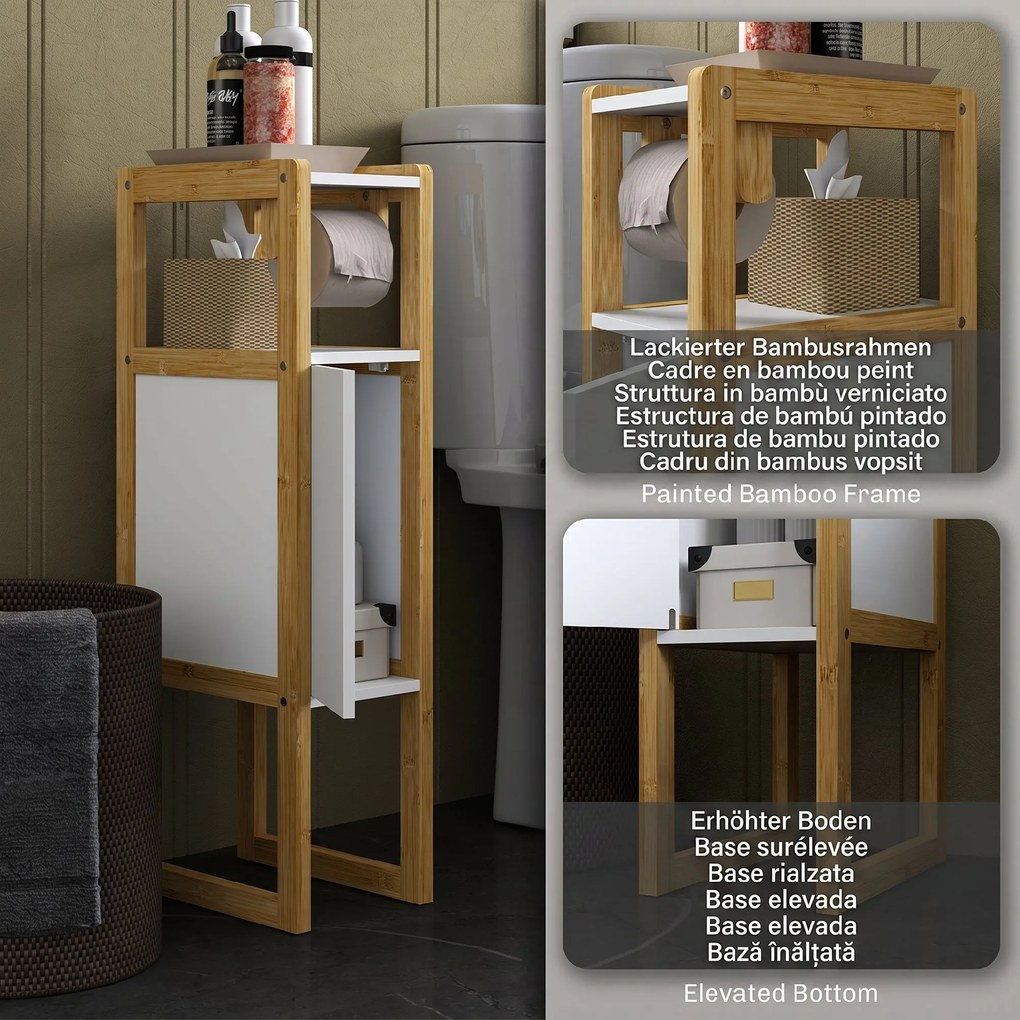 HOMCOM Mobilier de Baie cu Suport pentru Hârtie Igienică, Dulap și Raft, Dulap Compact din Bambus, 20x33x80 cm, Alb | Aosom Romania