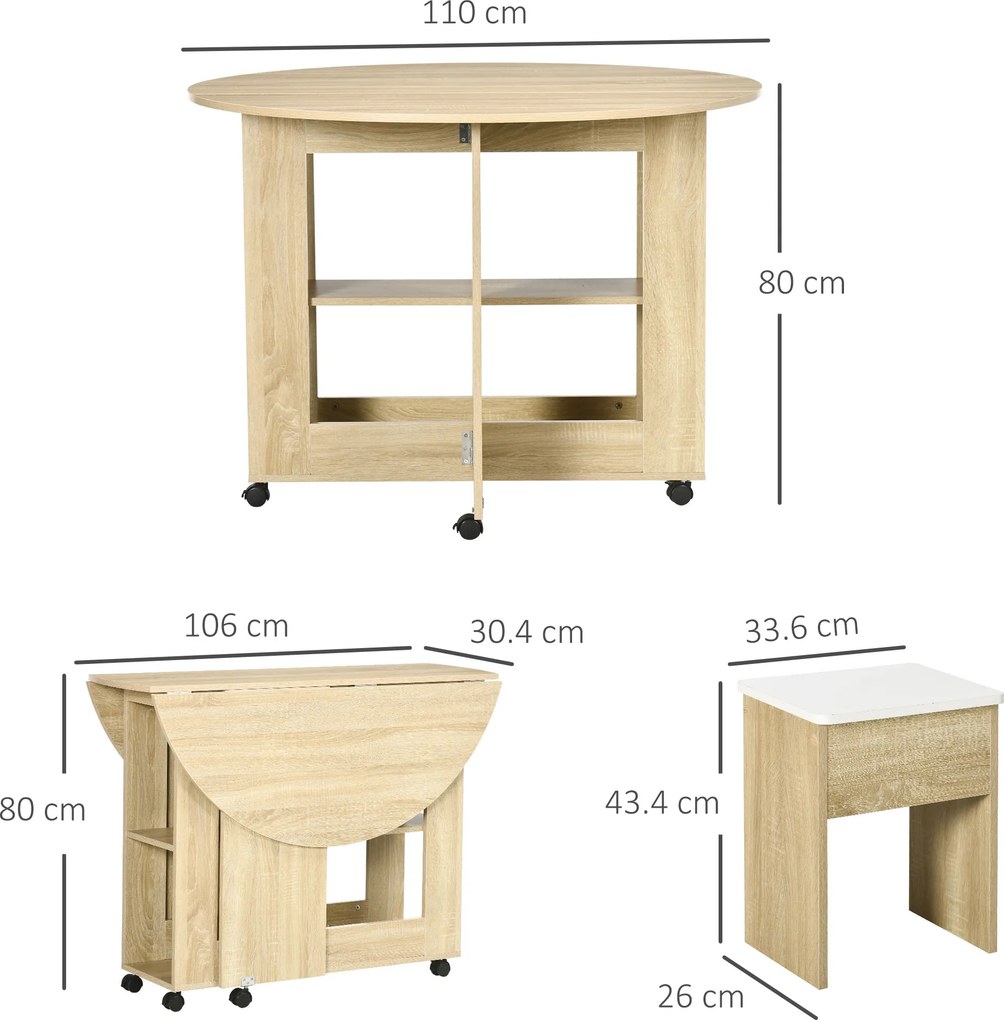 Set dining 4 persoane HOMCOM, masa de bucatarie cu extensie plianta, rotile, 4 scaune, culoare stejar | Aosom RO