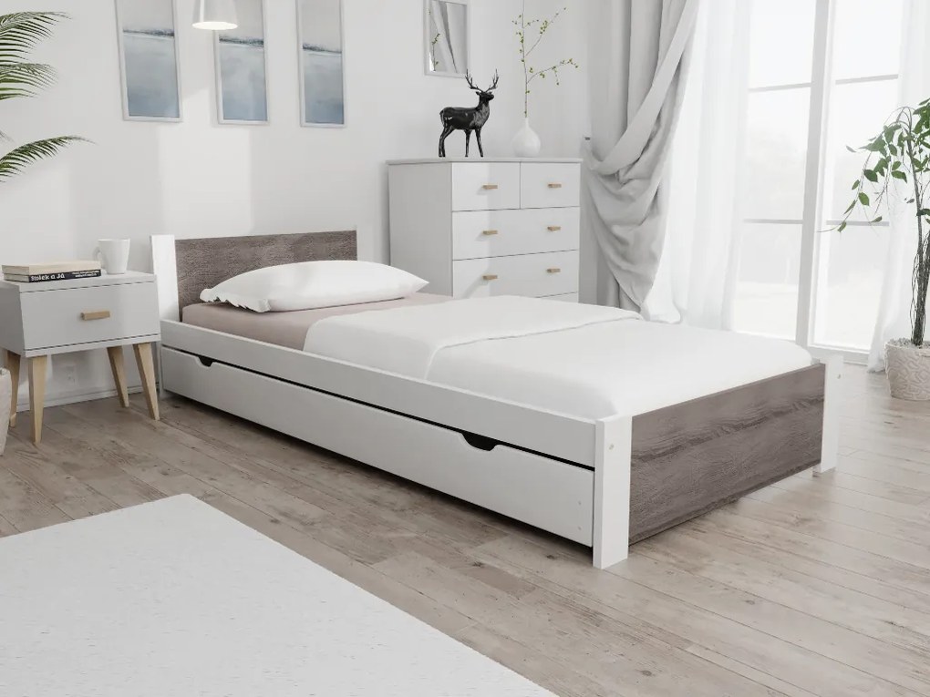 Pat de o persoana stejar alb/trufa, IKAROS 90 x 200 cm Saltele: Cu saltele Sommera 18 cm, Somiera pat: Fara somiera