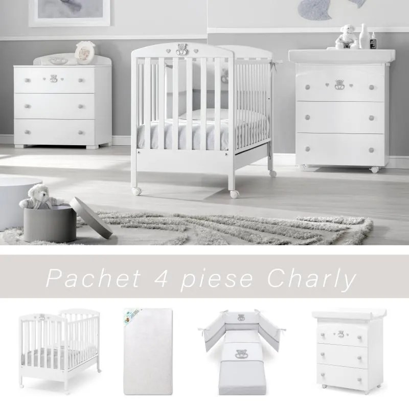 Pachet 4 piese Patut + Saltea + Set Textil Protectie + Comoda Charly