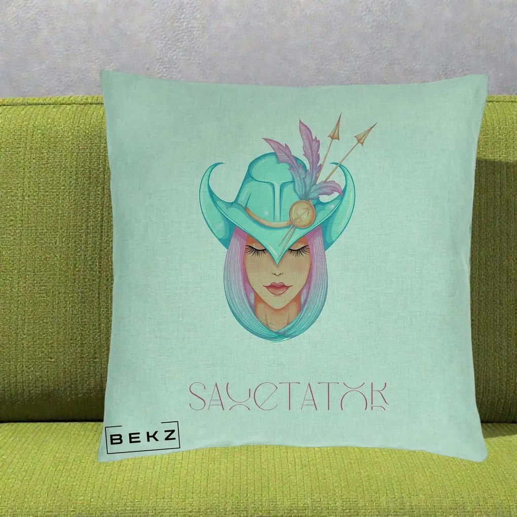 Perna Personalizata Zodiac Sagetator Cowgirl, 40x40 cm, Verde Menta, Husa Detasabila, Perna Inclusa, BEKZ®