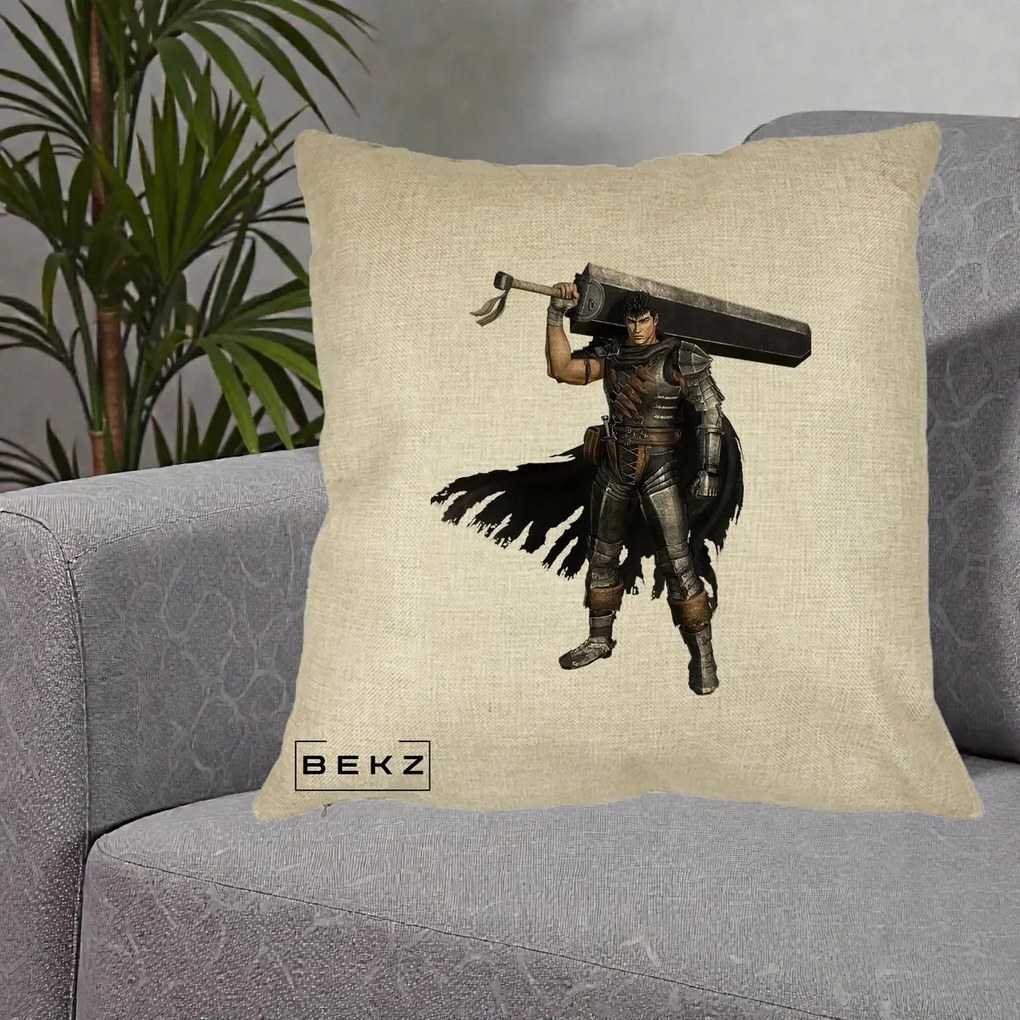 Perna Personalizata Berserk Guts Luptatorul Negru, 40x40 cm, Crem, Husa Detasabila, Perna Inclusa, BEKZ®