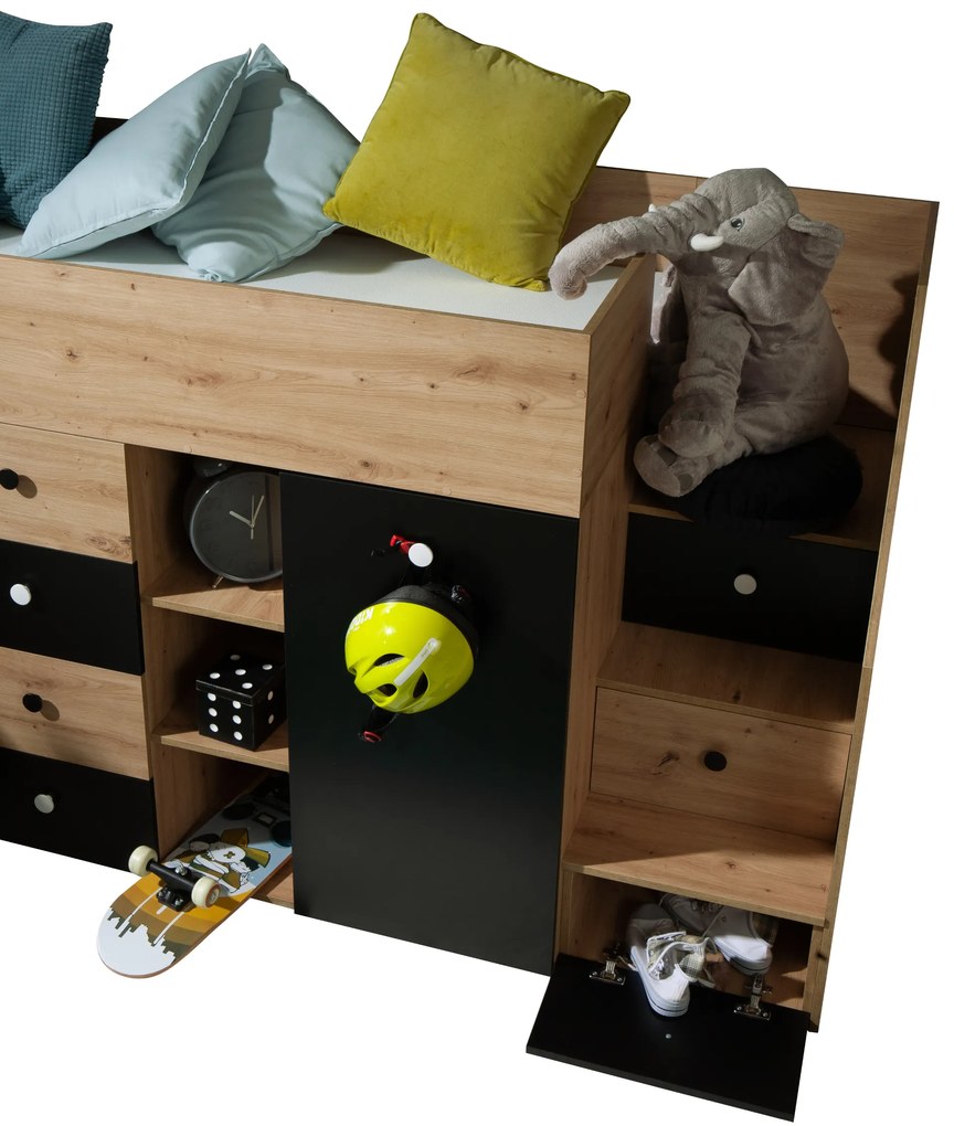 Pat pentru copii combinat 90 cm Sami 3 (Stejar artisan + negru mat + mânere albe) (S). 1085816