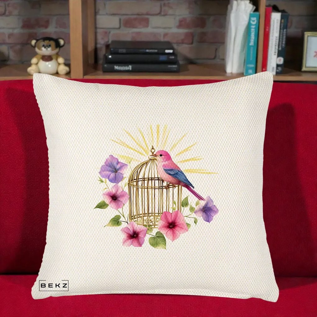 Perna Decorativa Pasare Roz pe Colivie Aurie cu Flori, 40x40 cm, Crem Reliefat, Husa Detasabila, Perna Inclusa, BEKZ®