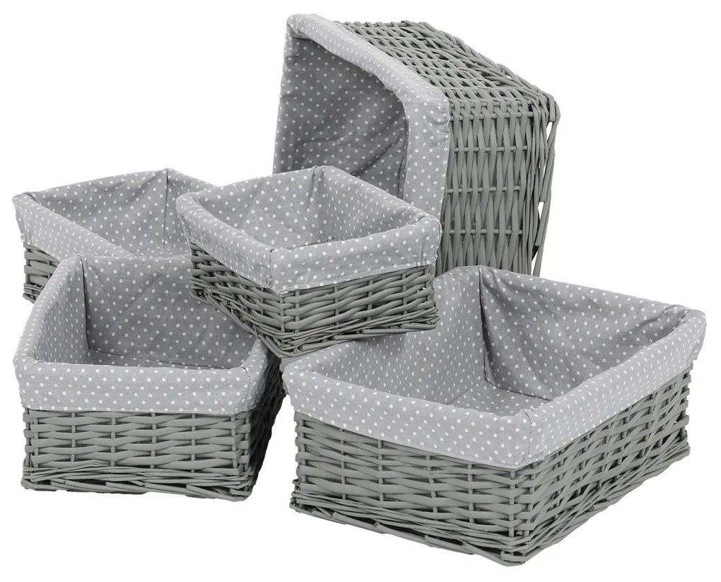 Set coșuri de răchită cu țesătură buline gri, 5 buc., 5 dimensiuni, 48 x 18 x 37 cm