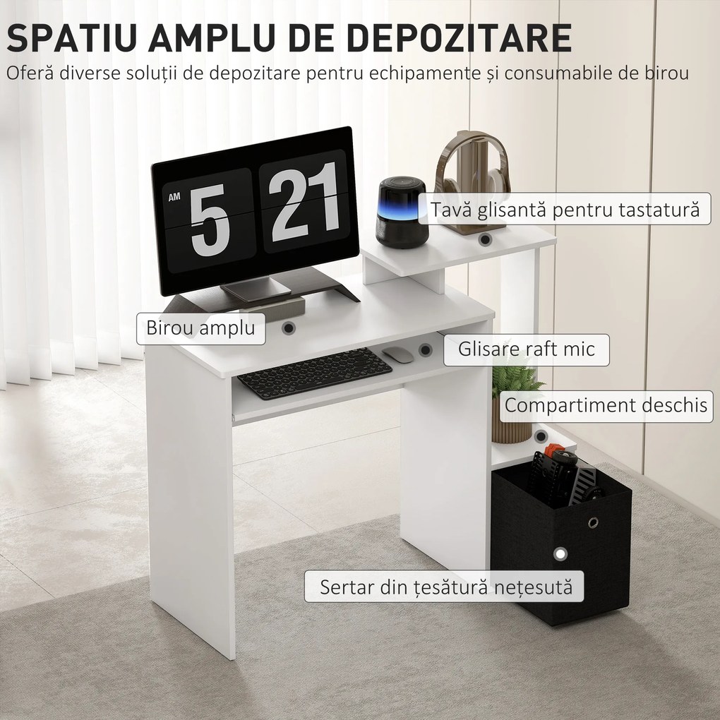HOMCOM Birou modern pentru PC, birou pentru computer cu raft pentru tastatura, raft si spatiu de depozitare din material, 100x40x86.6cm, alb si negru