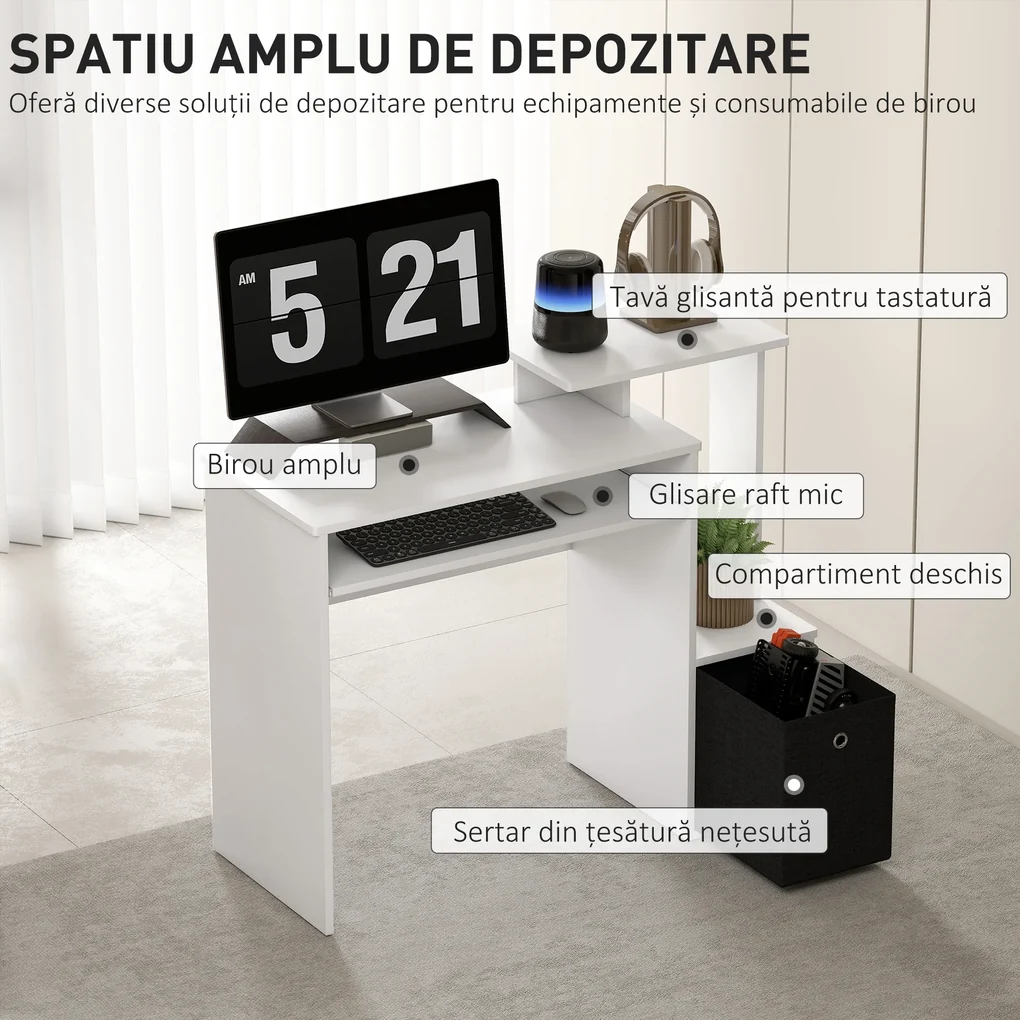 HOMCOM Birou modern pentru PC, birou pentru computer cu raft pentru tastatura, raft si spatiu de depozitare din material, 100x40x86.6cm, alb si negru