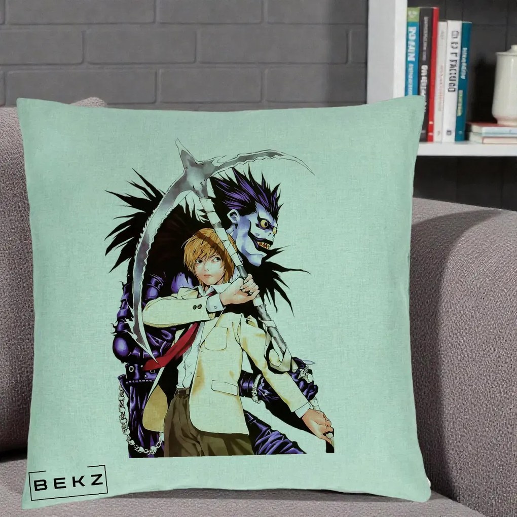 Perna Personalizata Death Note Light si Ryuk Duo, 40x40 cm, Verde Menta, Husa Detasabila, Perna Inclusa, BEKZ®