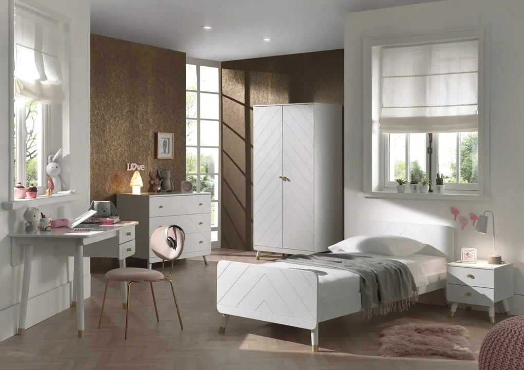 Set Dormitor Complet pentru Copii, 4 Piese, 90x200 cm, Alb Satinat (Pin Masiv și MDF) – Billy – Vipack
