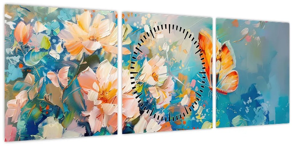 Tablou - Fluture și flori, pictură în ulei II. (cu ceas) (90x30 cm)