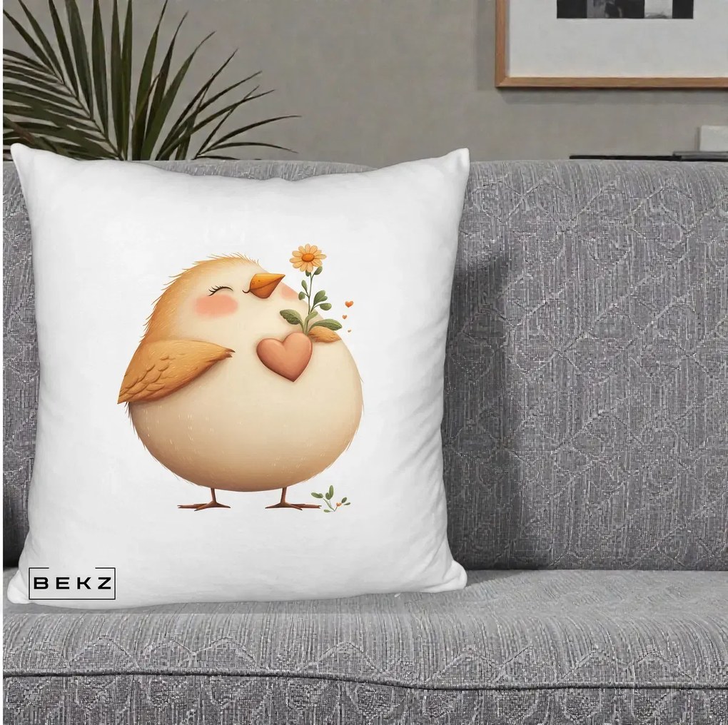 Perna Decorativa Pui cu Inima si Floarea-Soarelui, 40x40 cm, Alb Pufos, Husa Detasabila, Perna Inclusa, BEKZ®