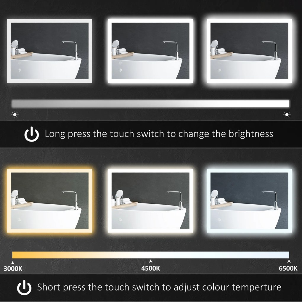 Kleankin Oglinda LED, Oglinda de Machiaj de Perete cu 3 Lumini, 800x600mm, Tactilă, Anti-Ceță, Montare Orizontală/Verticală | Aosom Romania