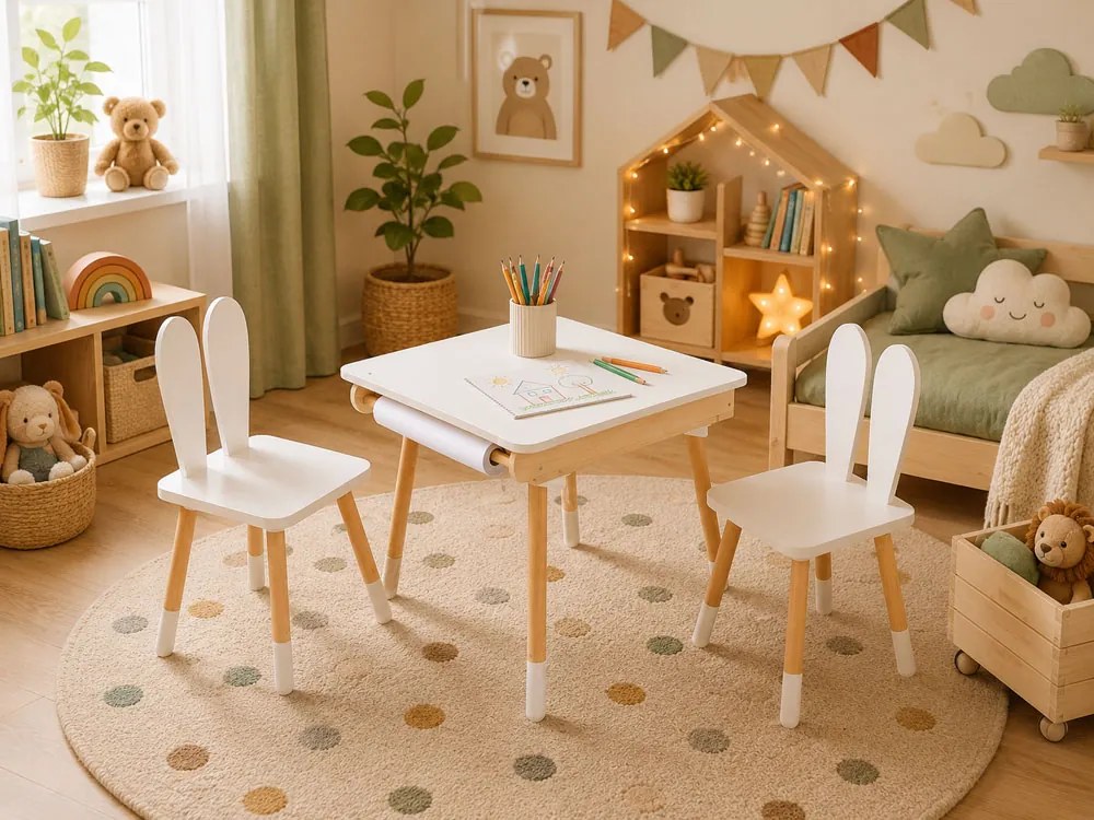 Set pentru copii reglabil BUNNY, masă și 2 scaune, alb/maro ELIS design