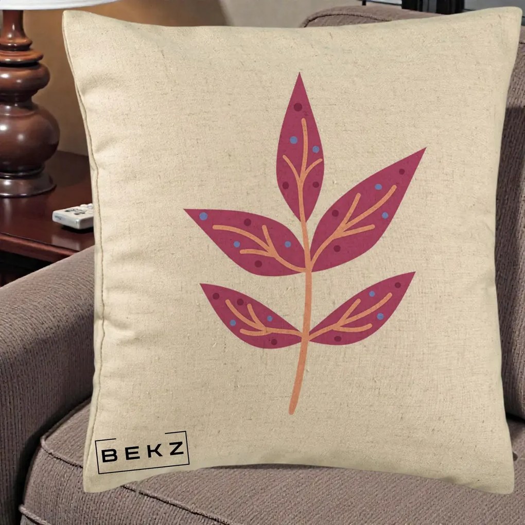 Perna Decorativa Ramura Botanica Mov, 40x40 cm, Bej, Husa Detasabila, Perna Inclusa, BEKZ®