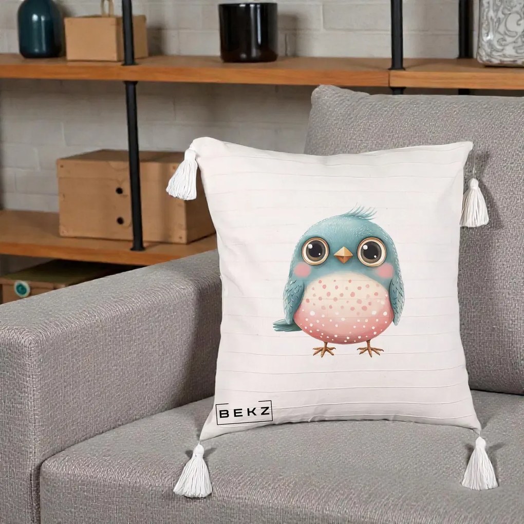 Perna Decorativa Pasare Teal-Roz cu Pete, 40x40 cm, Bej cu Franjuri, Husa Detasabila, Perna Inclusa, BEKZ®
