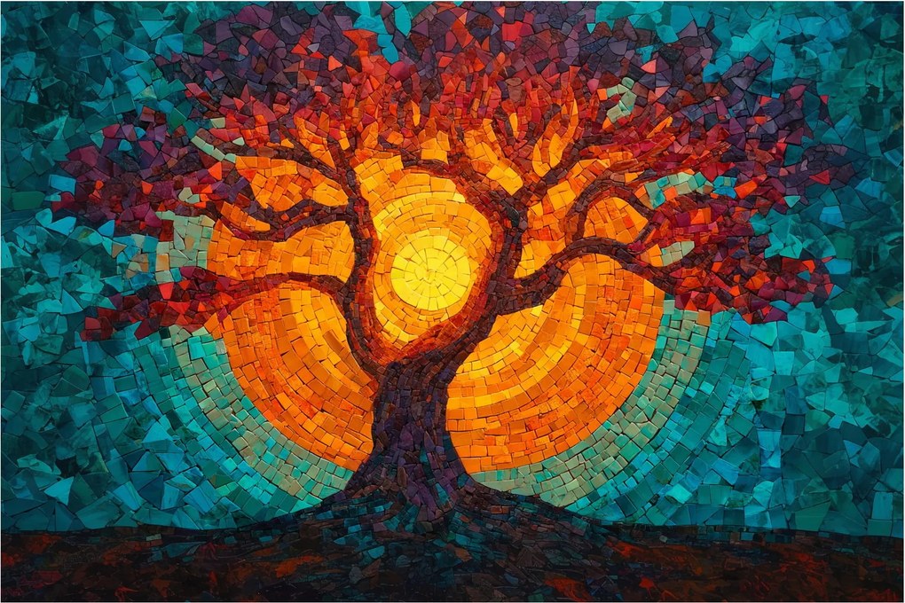 Tablou - Arborele vieții și soarele în mozaic (90x60 cm)