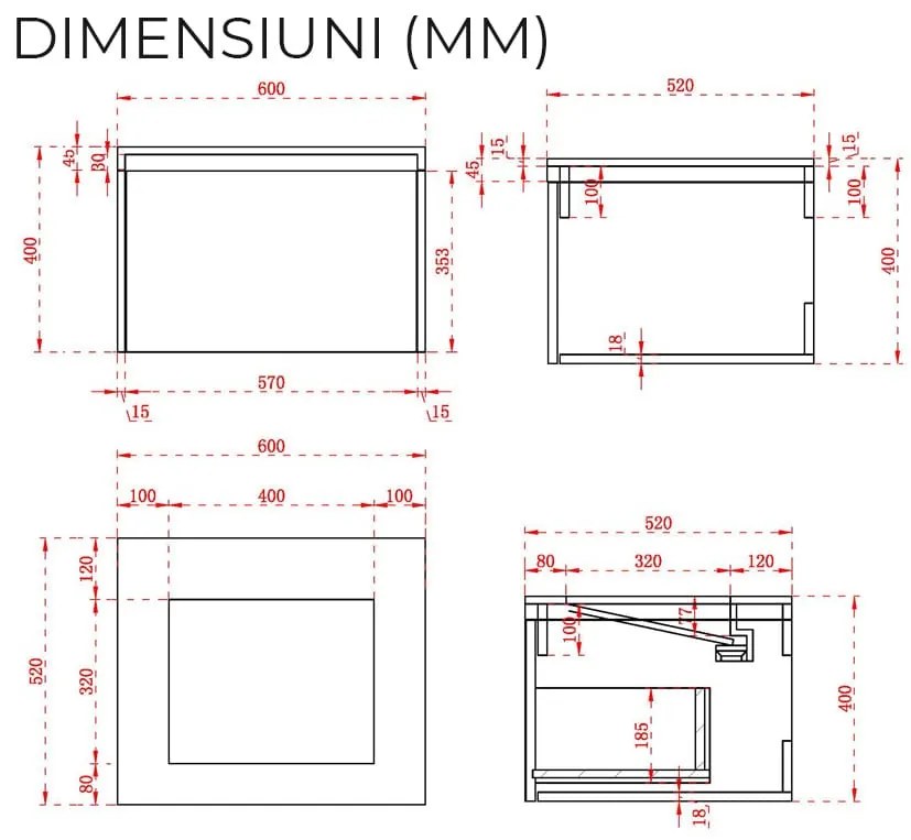 Mobilier baie suspendat gri inchis cu lavoar, 60x52 cm, cu iluminare LED, Elysium Blanca