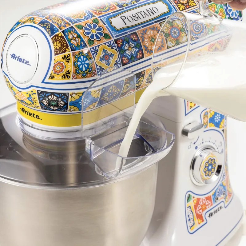 Mixer planetar Ariete Positano 1588/0P, 2400W, 5.5 L, 7 viteze, Pulse, Design retro, Accesorii, Alb/Galben