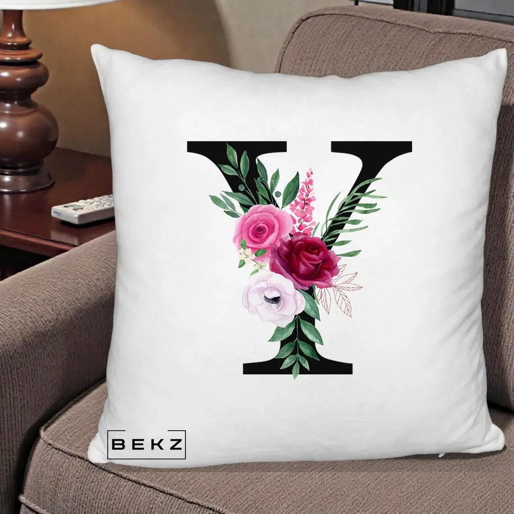 Cadou Personalizat - Perna Personalizata Monograma Florala Litera Y cu Buchet, 40x40 cm, Alb Pufos, Husa Detasabila, Perna Inclusa, BEKZ®