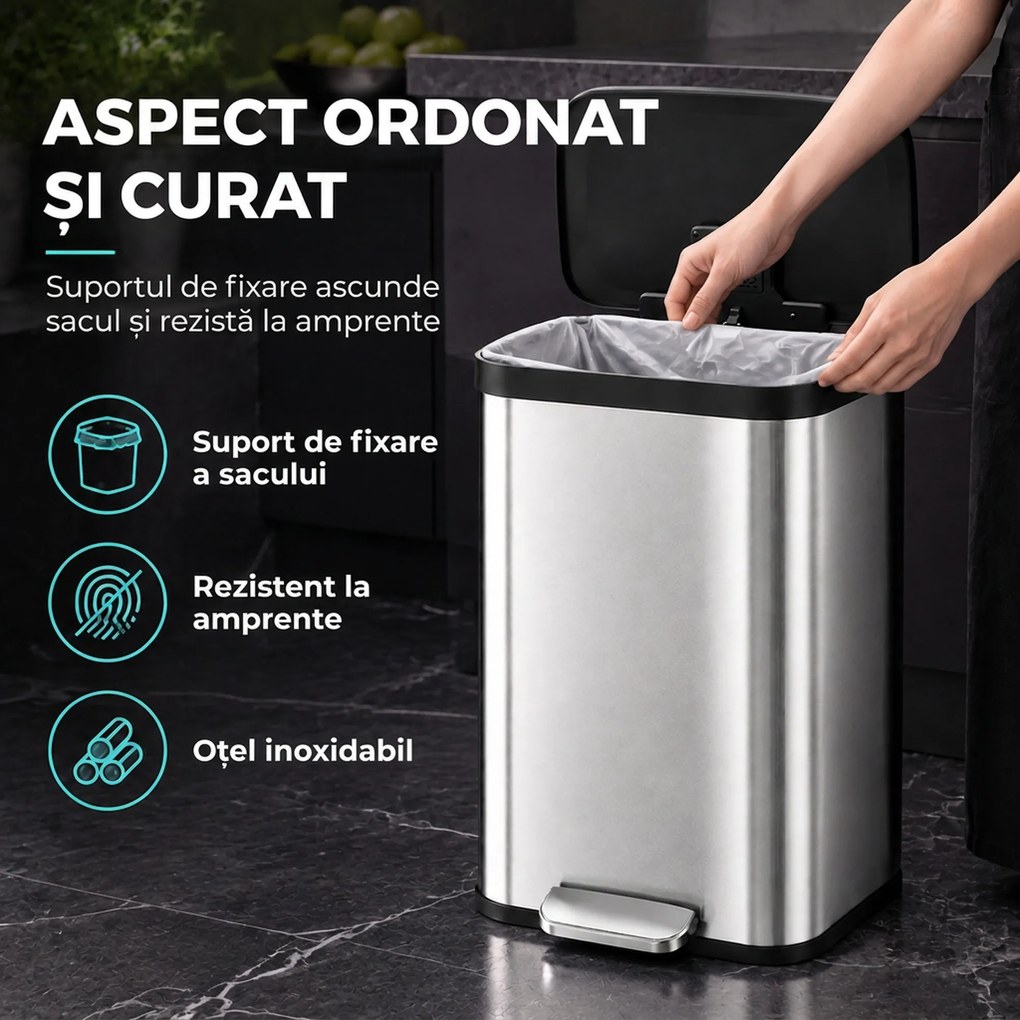 HOMCOM Coș de Gunoi Dreptunghiular cu Pedală 50 L din Oțel Inoxidabil, cu Închidere Amortizată și Compartiment pentru Odorizant, Argintiu | Aosom Romania