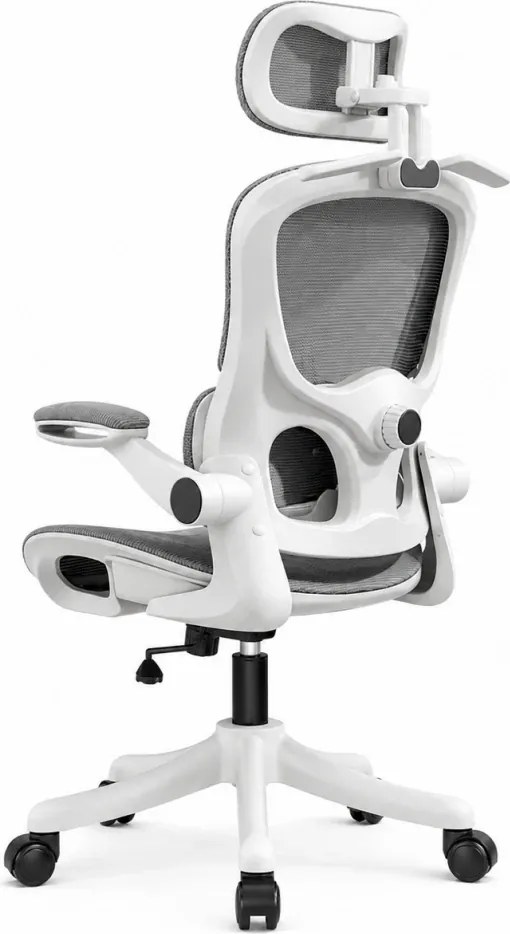 Scaun ergonomic cu șezut din plasă și suport lombar dinamic, tetiera 3D, cotiere rabatabile, Alb/Gri