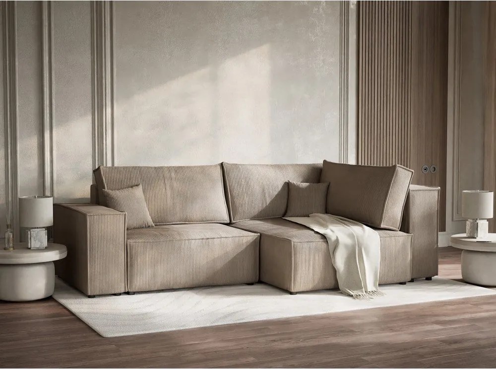 Colțar bej extensibil/cu spațiu de depozitare cu tapițerie din catifea reiată (cu colț pe partea dreaptă/în formă de ”L”) Tonga – Maison de Rêve