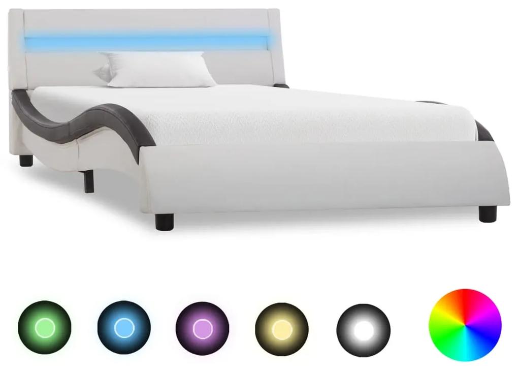 Cadru de pat cu LED, alb si negru, 90x200 cm, piele ecologica white and black, 90 x 200 cm
