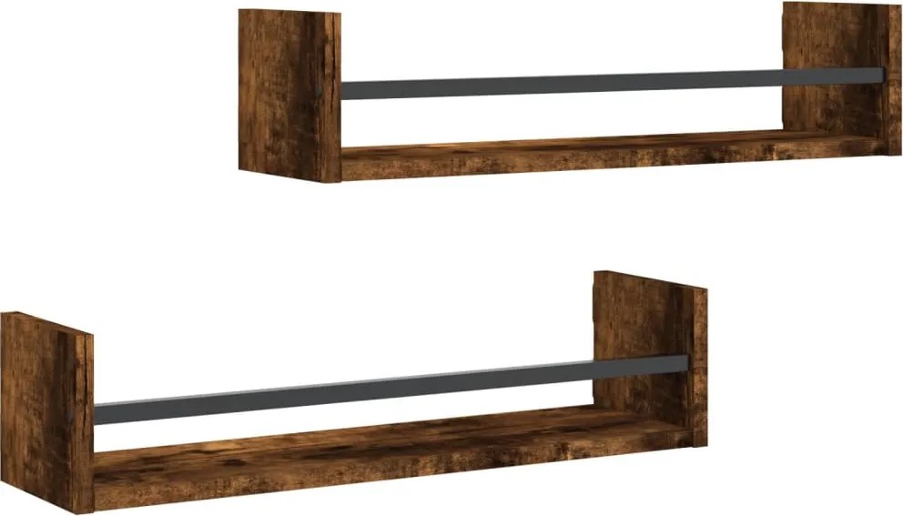 vidaXL Rafturi de perete cu bare 2 buc, stejar afumat, 60x16x14 cm