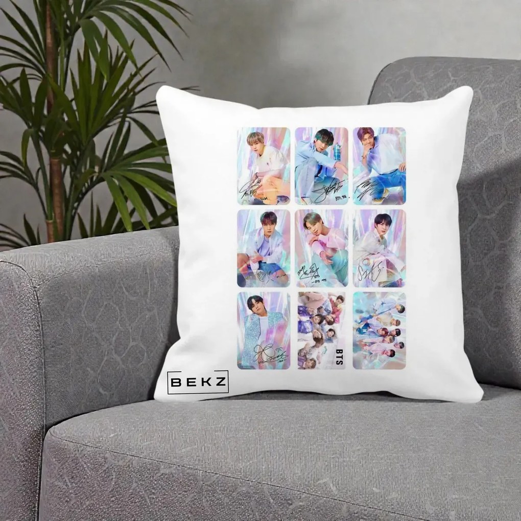 Perna Personalizata K-pop BTS Colaj 9 Fotografii Autografe Individual, 40x40 cm, Alba Mata, Husa Detasabila, Perna Inclusa, BEKZ®