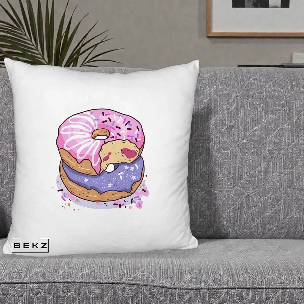 Perna Decorativa Donuts Roz si Mov, 40x40 cm, Alb Pufos, Husa Detasabila, Perna Inclusa, BEKZ®