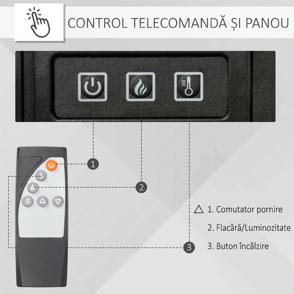 HOMCOM Șemineu Electric de Podea 1800W cu Efect de Flacără, Telecomandă și Timer | Aosom Romania