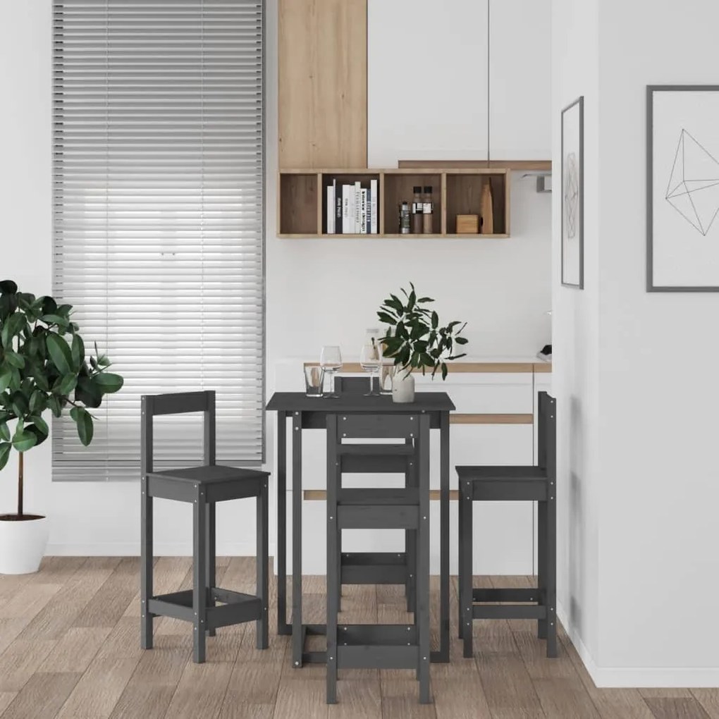 3124744 vidaXL Set mobilier de bar, 5 piese, gri, lemn masiv de pin