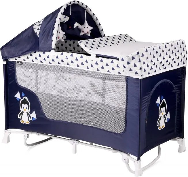 Patut pliabil San Remo Rocker cu 2 nivele si sistem de leganare Blue & White Penguin