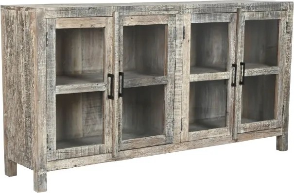 Bufet din lemn reciclat, natur, cu 4 uși vitrate și mânere din metal negru, aspect rustic, finisaj natural, 90 x 170 x 40 cm, „Valmira”
