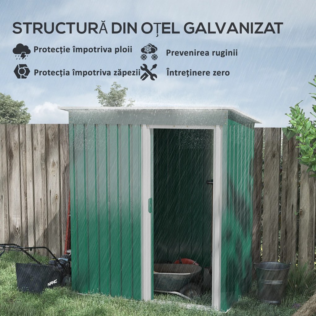 Outsunny Magazie de Grădină pentru Scule din Oțel Galvanizat cu Acoperiș Înclinat și Ușă Culisantă, 163x89x182 cm, Verde | Aosom Romania