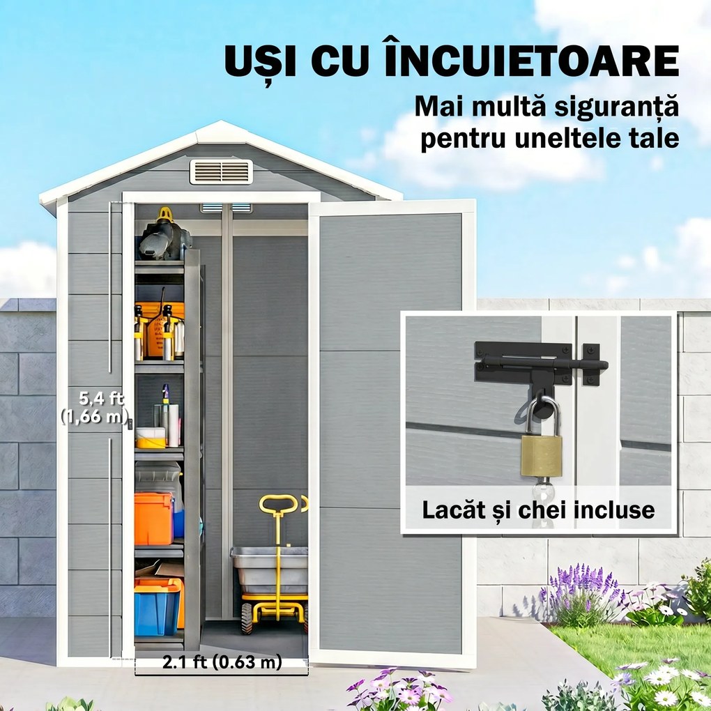 Outsunny Șopron de Grădină din PP cu Podea, Ușă cu Încuietoare și Acoperiș Înclinat, 131x186x198 cm, Gri | Aosom Romania