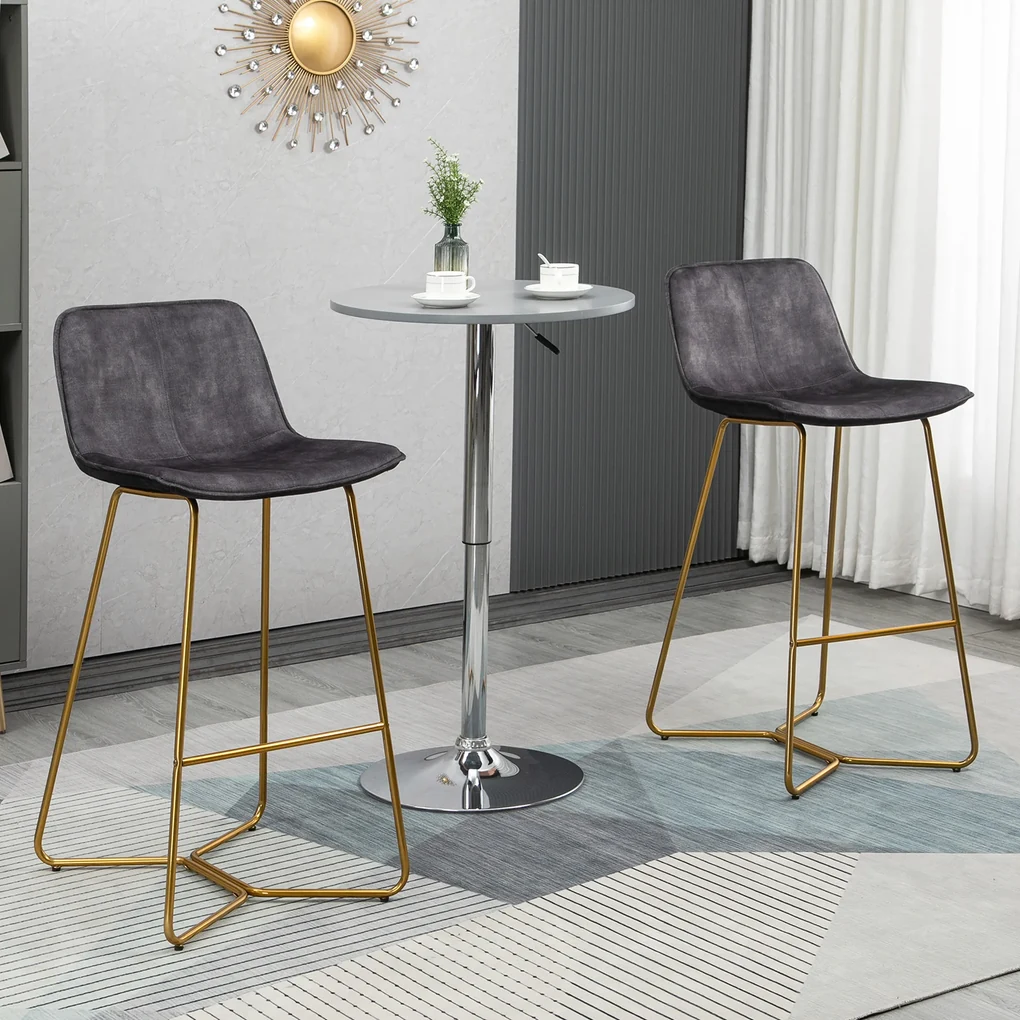 Set de 2 scaune de bar HOMCOM, spatar, din catifea, picioare aurii, 48x56,5x103cm, gri | Aosom RO
