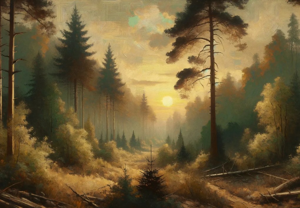 Fototapet - Soare strălucind prin pădure (147x102 cm)