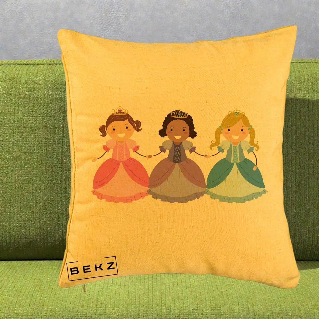 Perna Personalizata Printese Diverse Ilustratie, 40x40 cm, Galben, Husa Detasabila, Perna Inclusa, BEKZ®