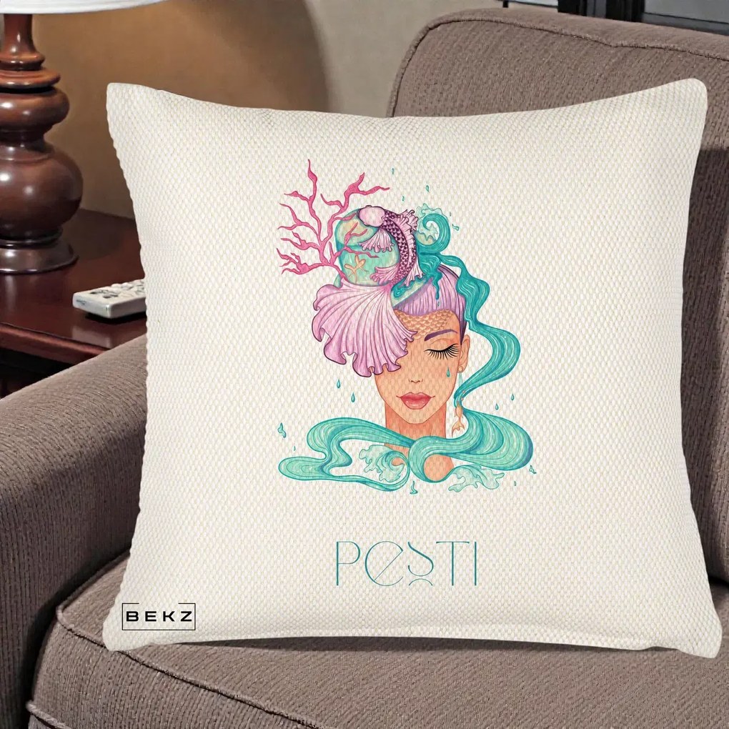 Perna Personalizata Zodiac Pesti Cowgirl, 40x40 cm, Crem Reliefat, Husa Detasabila, Perna Inclusa, BEKZ®