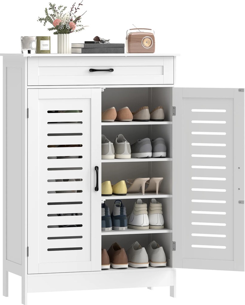 HOMCOM Dulap pentru Încălțăminte cu Uși cu Lamele Sertar și Rafturi Reglabile pentru 20 Perechi 78x37x115,8 cm Alb | Aosom Romania