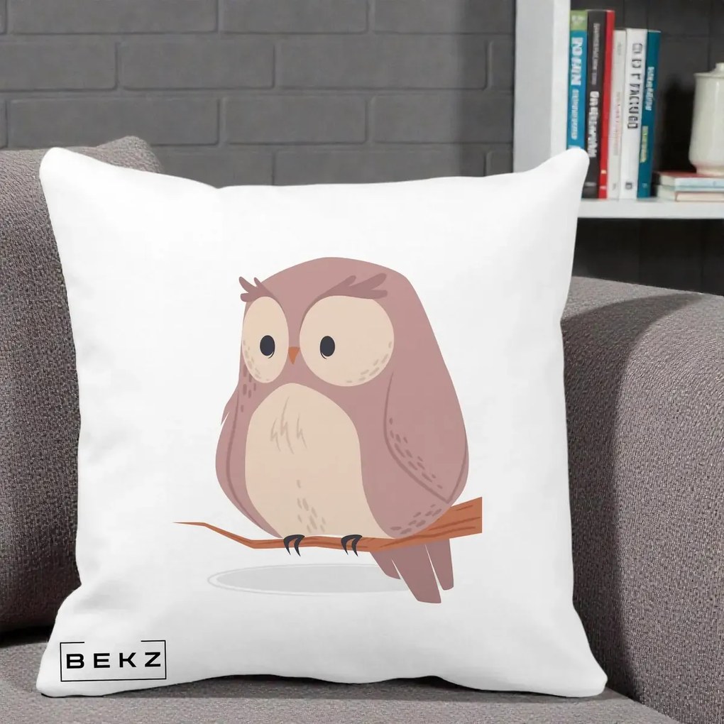 Perna Decorativa Bufnita Kawaii pe Creanga, 40x40 cm, Alba Mata, Husa Detasabila, Perna Inclusa, BEKZ®