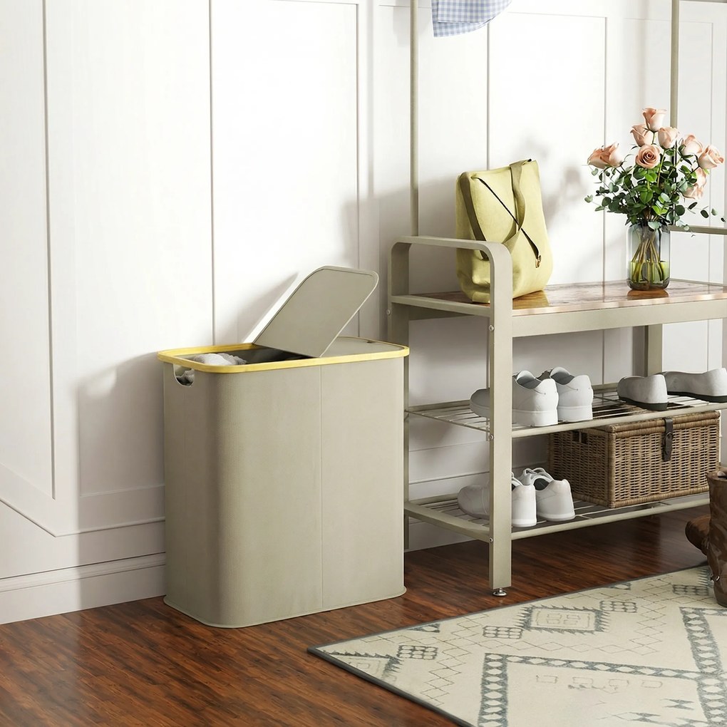 HOMCOM Coș pentru rufe dublu pliabil 80 l coș pentru rufe murdare cu capac, mânere canelate, bej | Aosom Romania