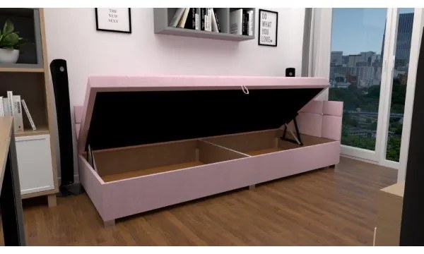 Pat tapițat AMSTERDAM 90x200 cm, cu tăblie reversibilă și spațiu de depozitare, roz