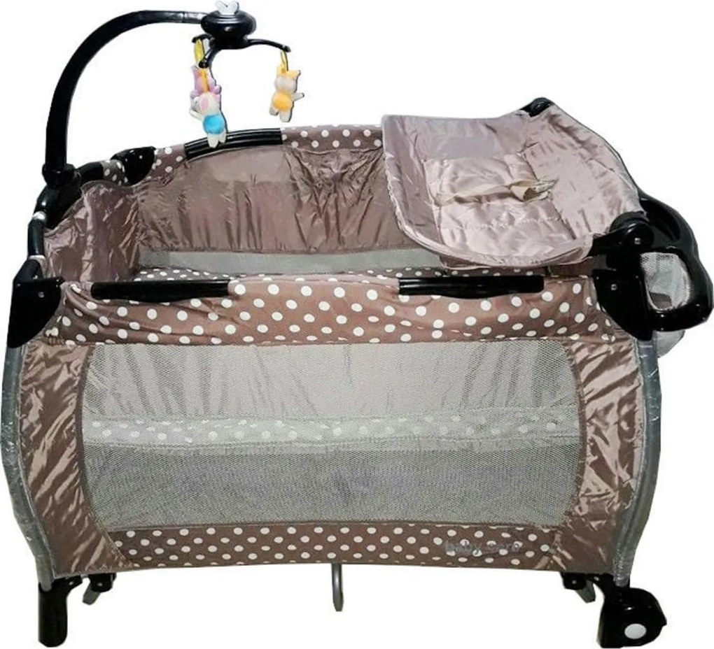 Patut Pliant rotund cu balansoar, Tarc copii Baby Care™ ROUND NEST, Pliabil pe 2 Niveluri cu muzica si Masa infasat, Jucarie Carusel cu jucarii din