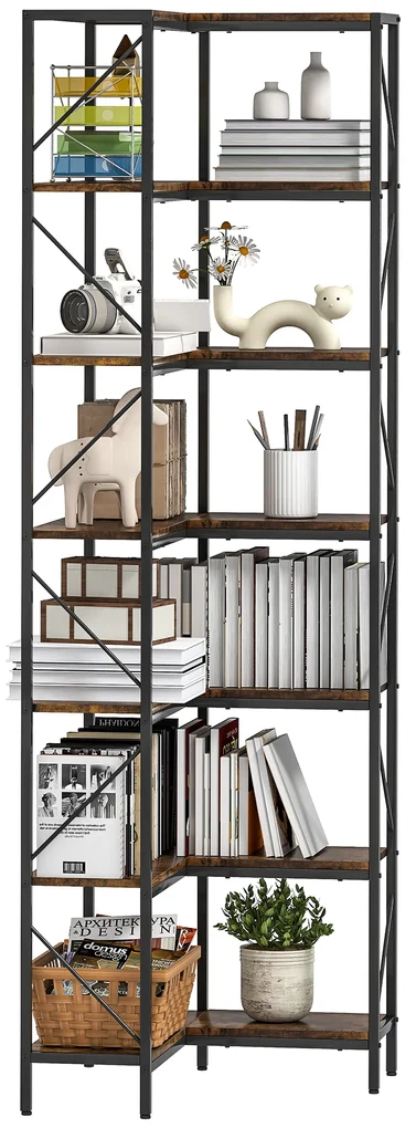 HOMCOM Bibliotecă de colț industrială cu 7 niveluri din pal melaminat și oțel, maro | Aosom Romania