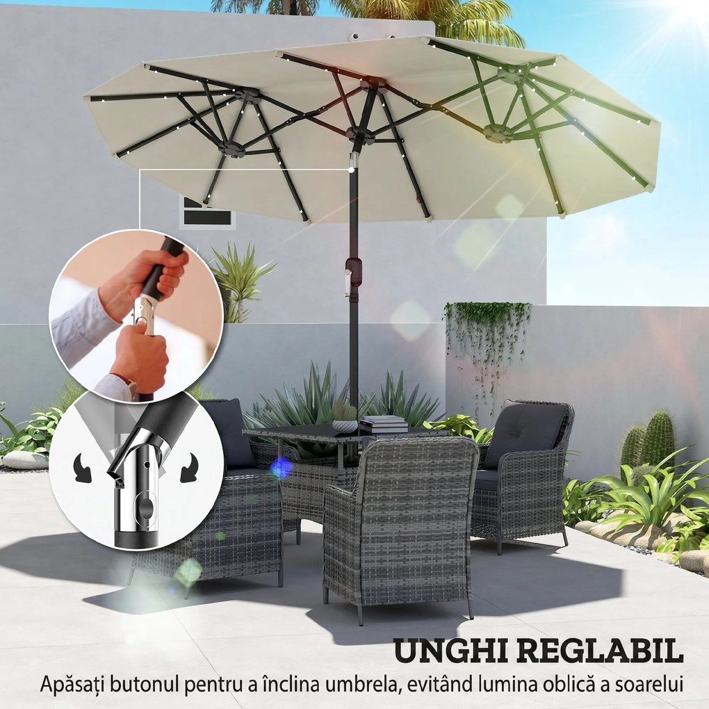 Outsunny Umbrelă dublă, umbrelă terasă, înclinabilă, cu panou solar, 35 LED-uri, cadru din oțel, bej, 2,92 x 1,50 x 2,18 m | Aosom Romania