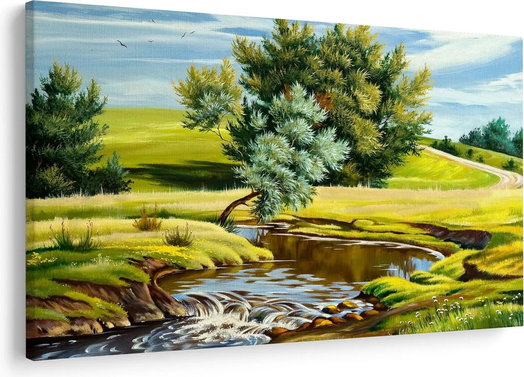 Tablou - Râu între câmpii, pictură în ulei (90x60 cm)