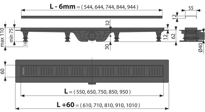 Rigola pentru dus neagra Alcaplast, Simple, 550mm