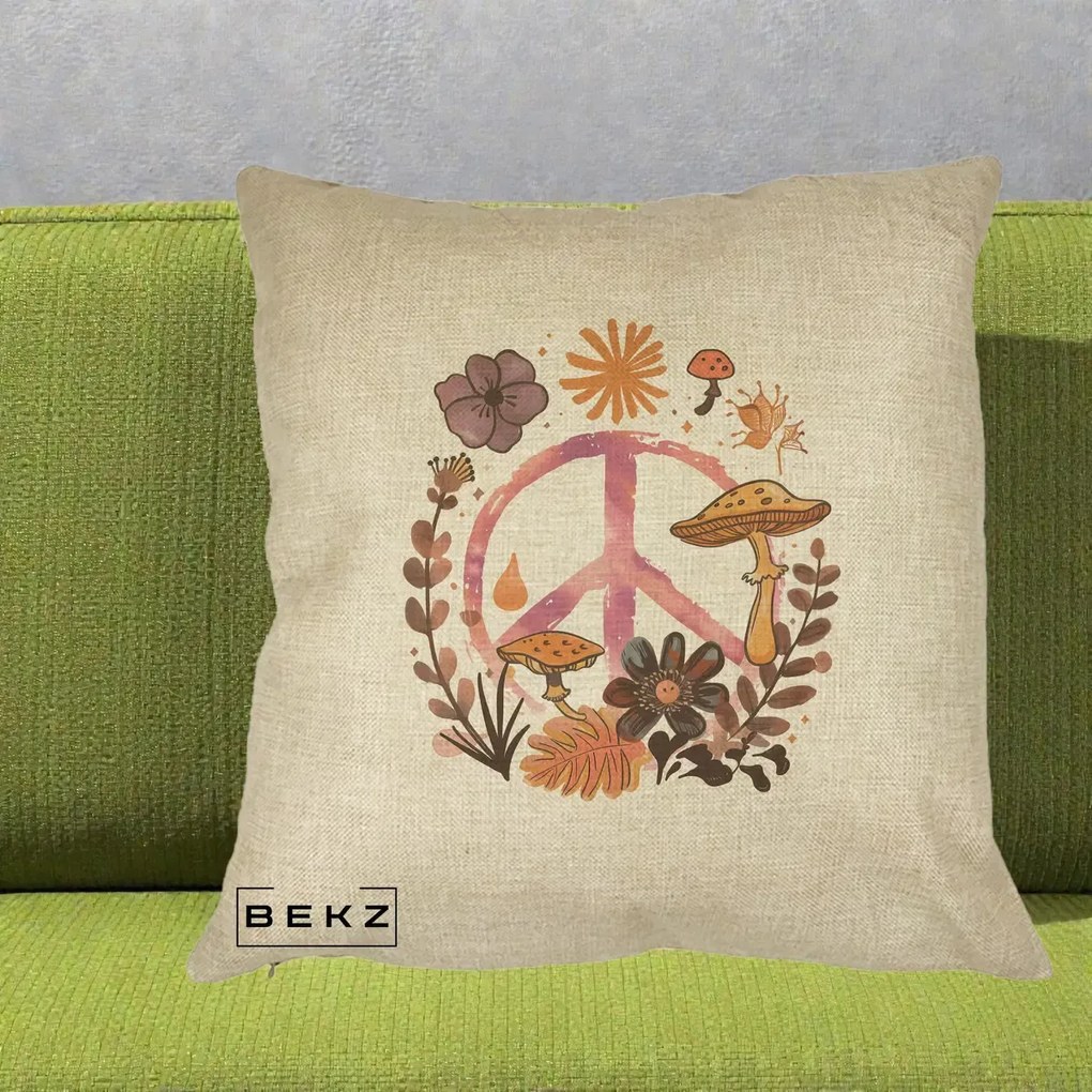 Perna Decorativa Peace Ciuperci Boho, 40x40 cm, Crem, Husa Detasabila, Perna Inclusa, BEKZ®